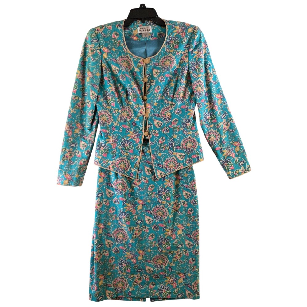 Adrianna Papell Vtg Teal Floral Paisley Linen Cotton Skirt Suit Set Size 6 Boho